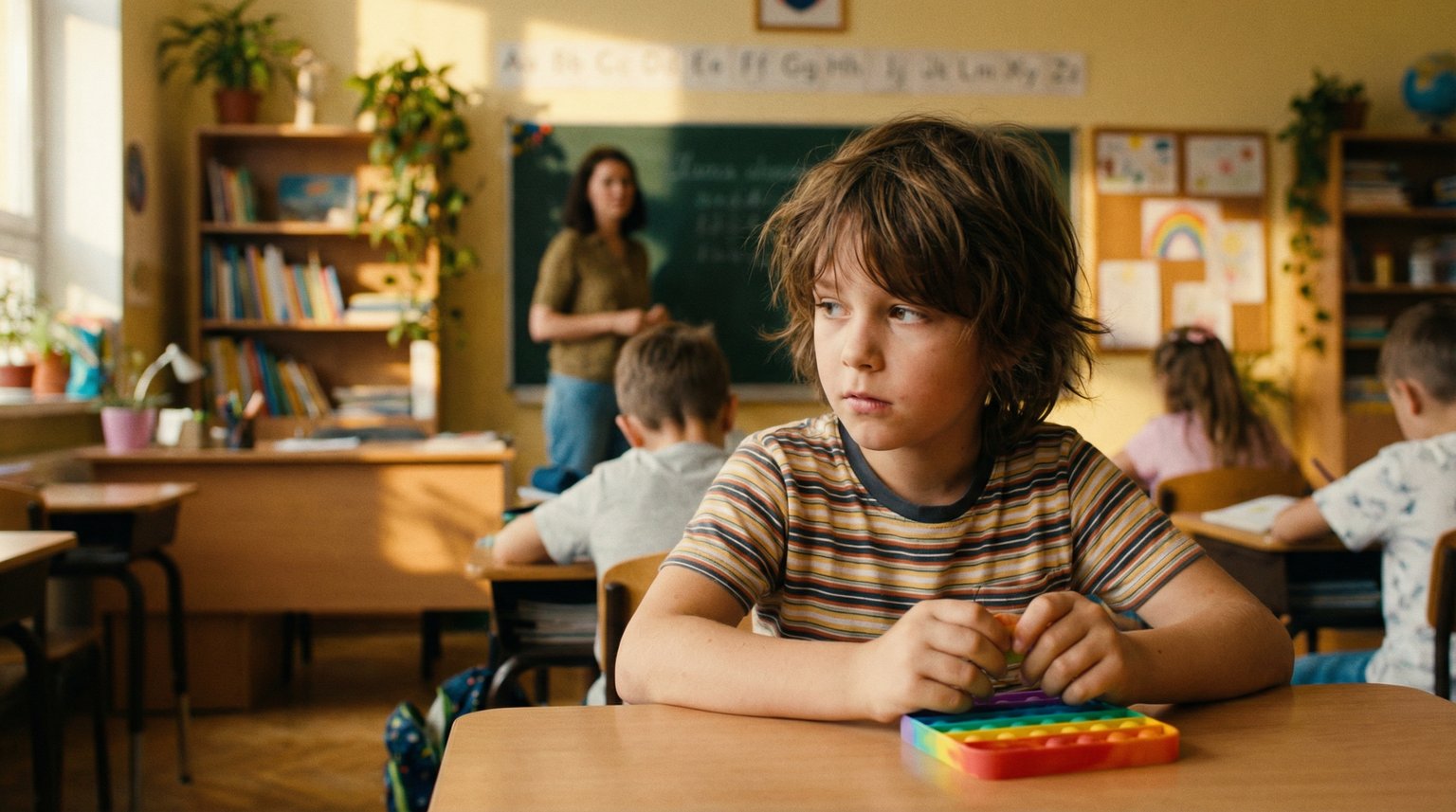 Third-grade student at desk divided between listening to teacher and fidgeting with colorful pop-it toy