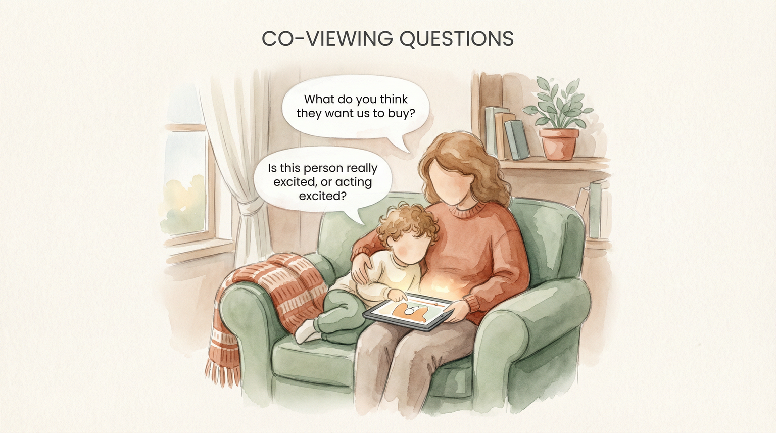 Infographic showing co-viewing conversation prompts for parents watching videos with children