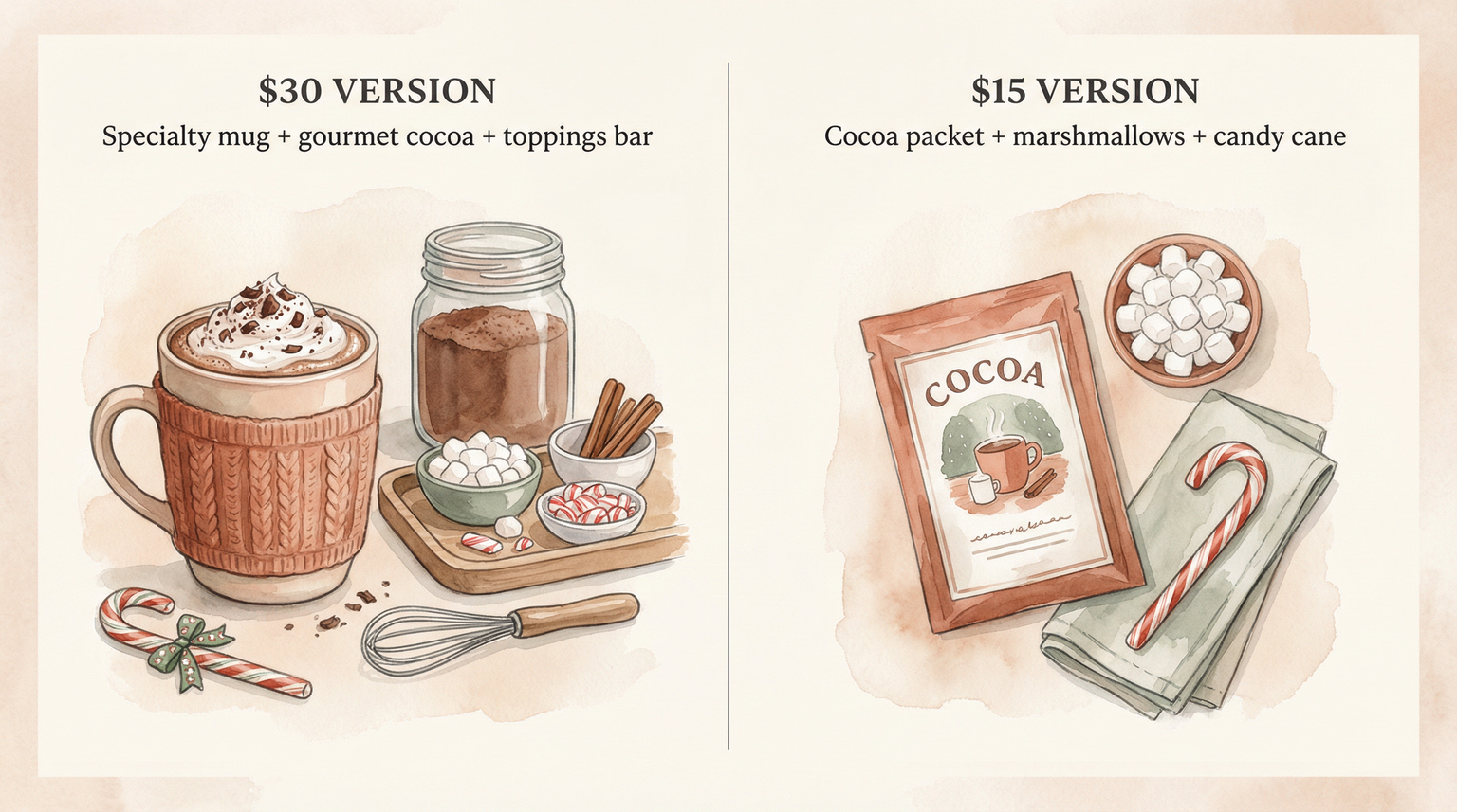 Side by side comparison of simple cocoa setup versus elaborate hot chocolate bar