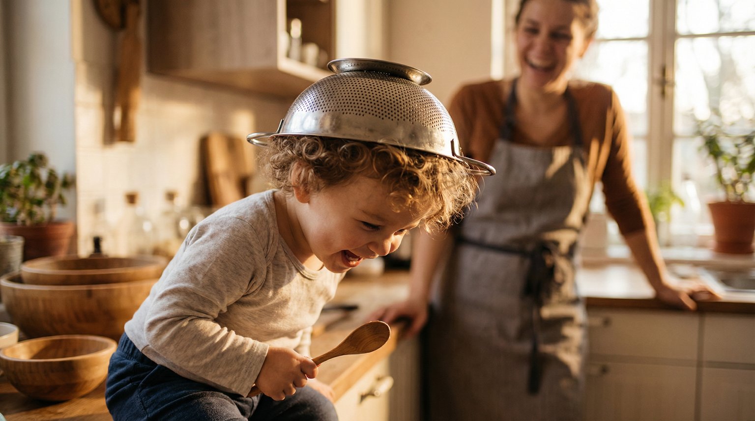 Playful toddler wearing colander as helmet while giggling in warm kitchen setting