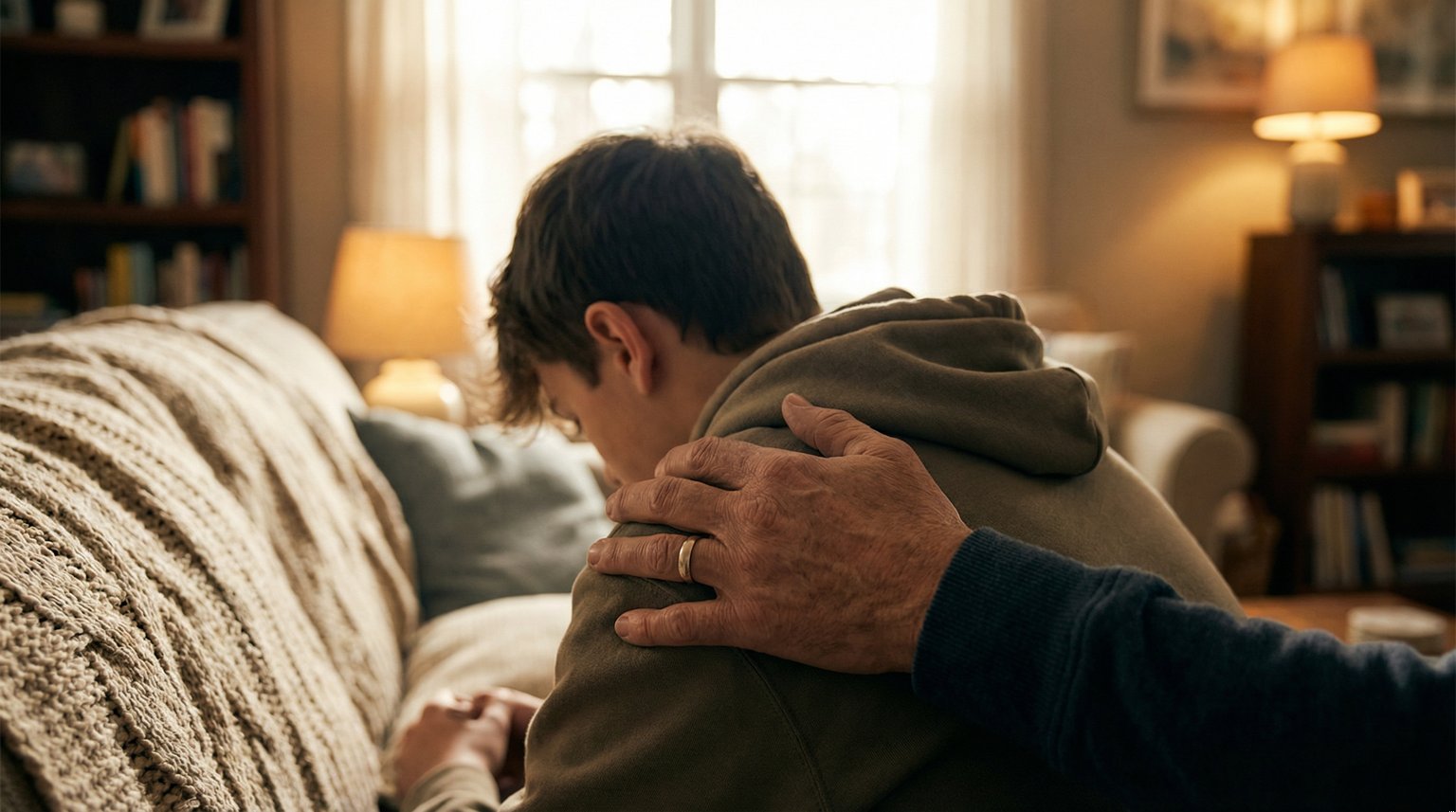 Parent hand resting gently on teen shoulder in comforting supportive gesture
