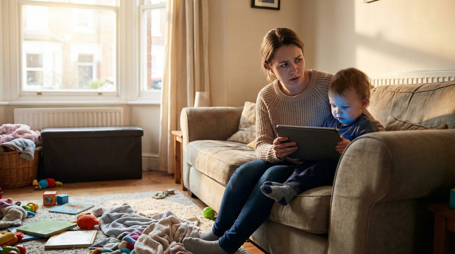 Mother in living room looking worried while checking tablet screen her toddler is watching