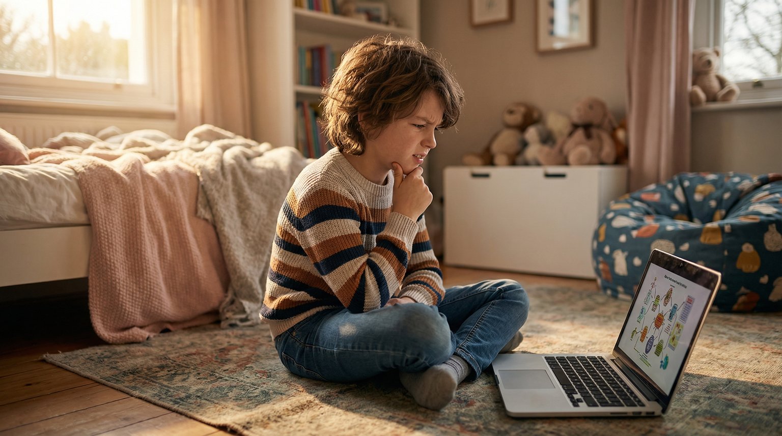 Elementary-age child sitting on bedroom floor looking thoughtfully at laptop with slight confusion