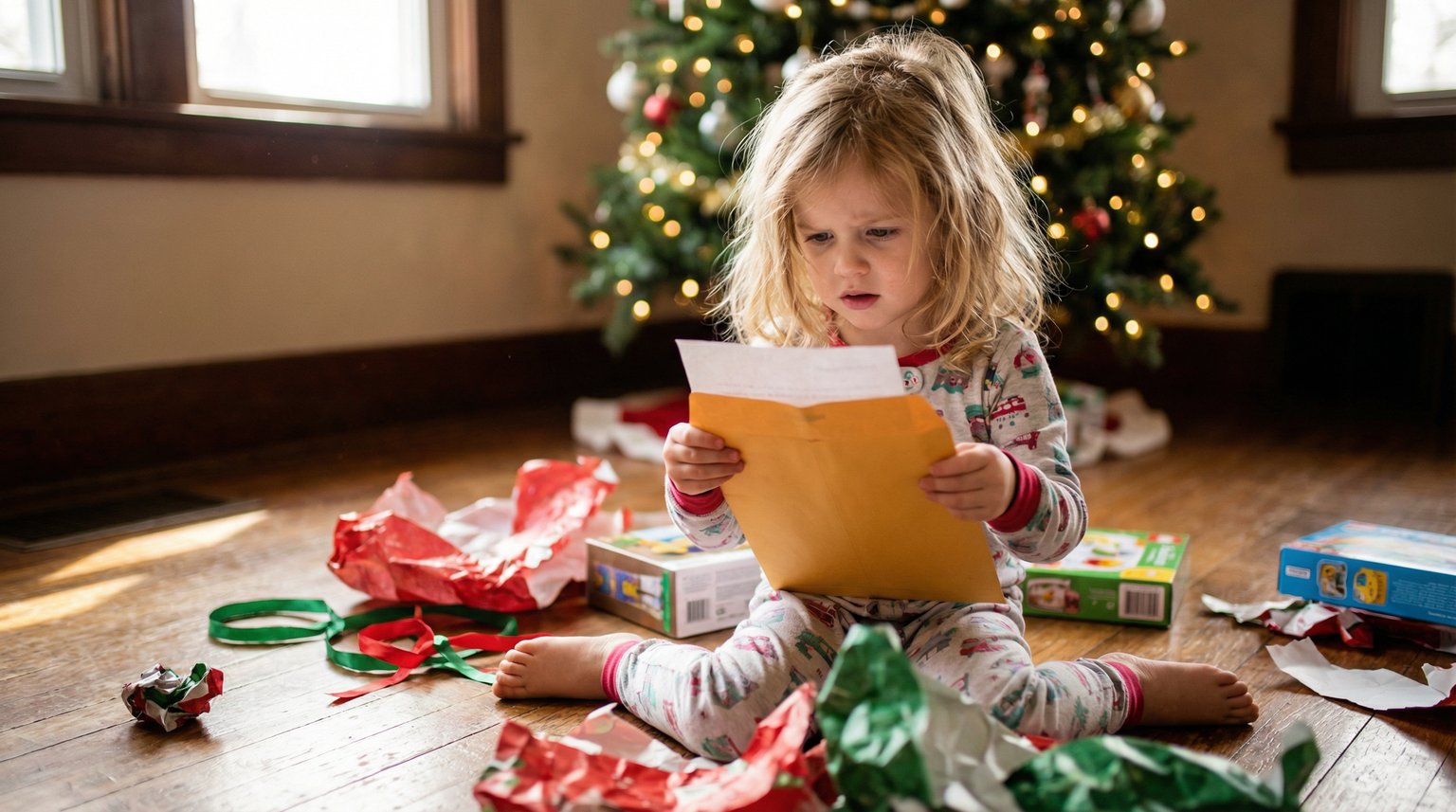 Preschool girl with disappointed expression holding opened envelope on Christmas morning surrounded by torn wrapping paper