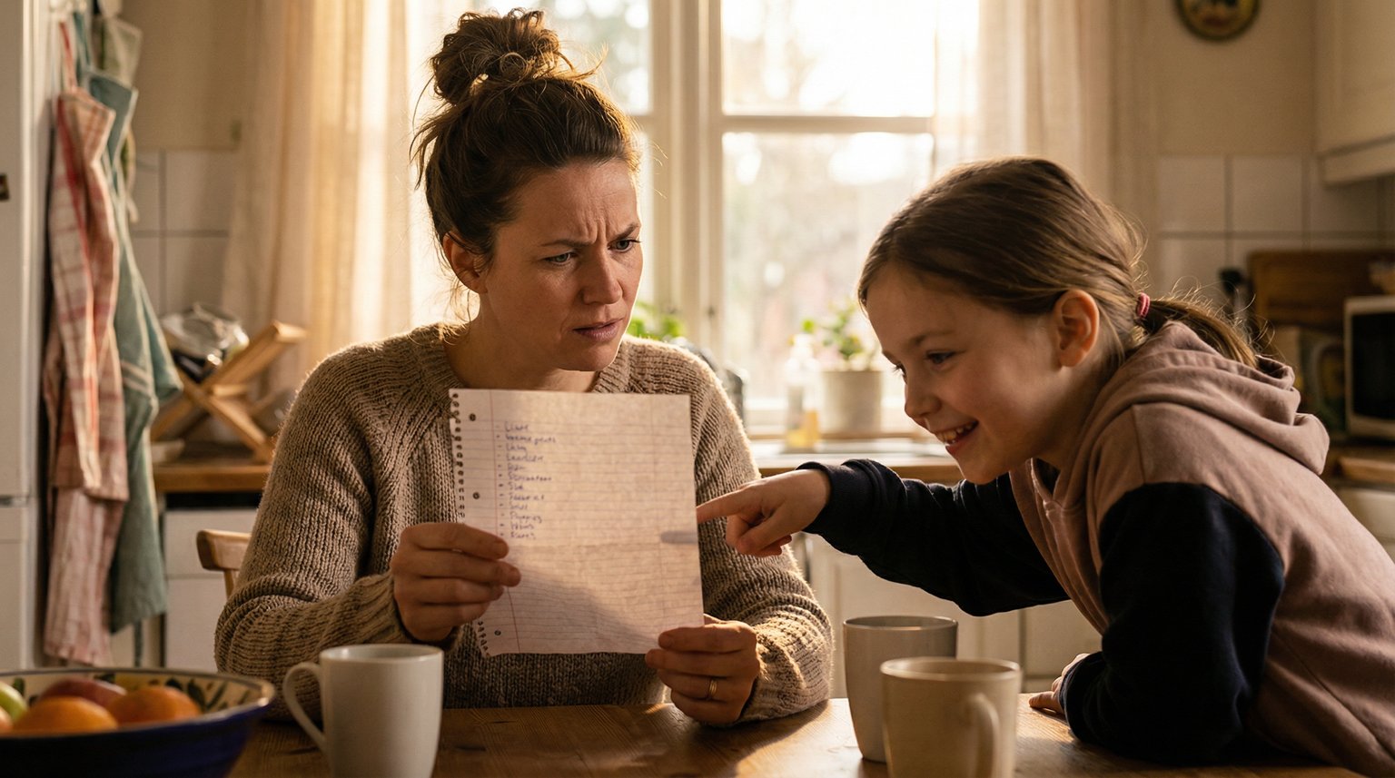 Mother looking puzzled at handwritten wishlist while preteen daughter points excitedly at the paper