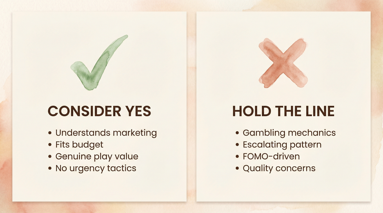 Comparison chart showing when to consider yes versus when to hold the line on streamer merchandise purchases