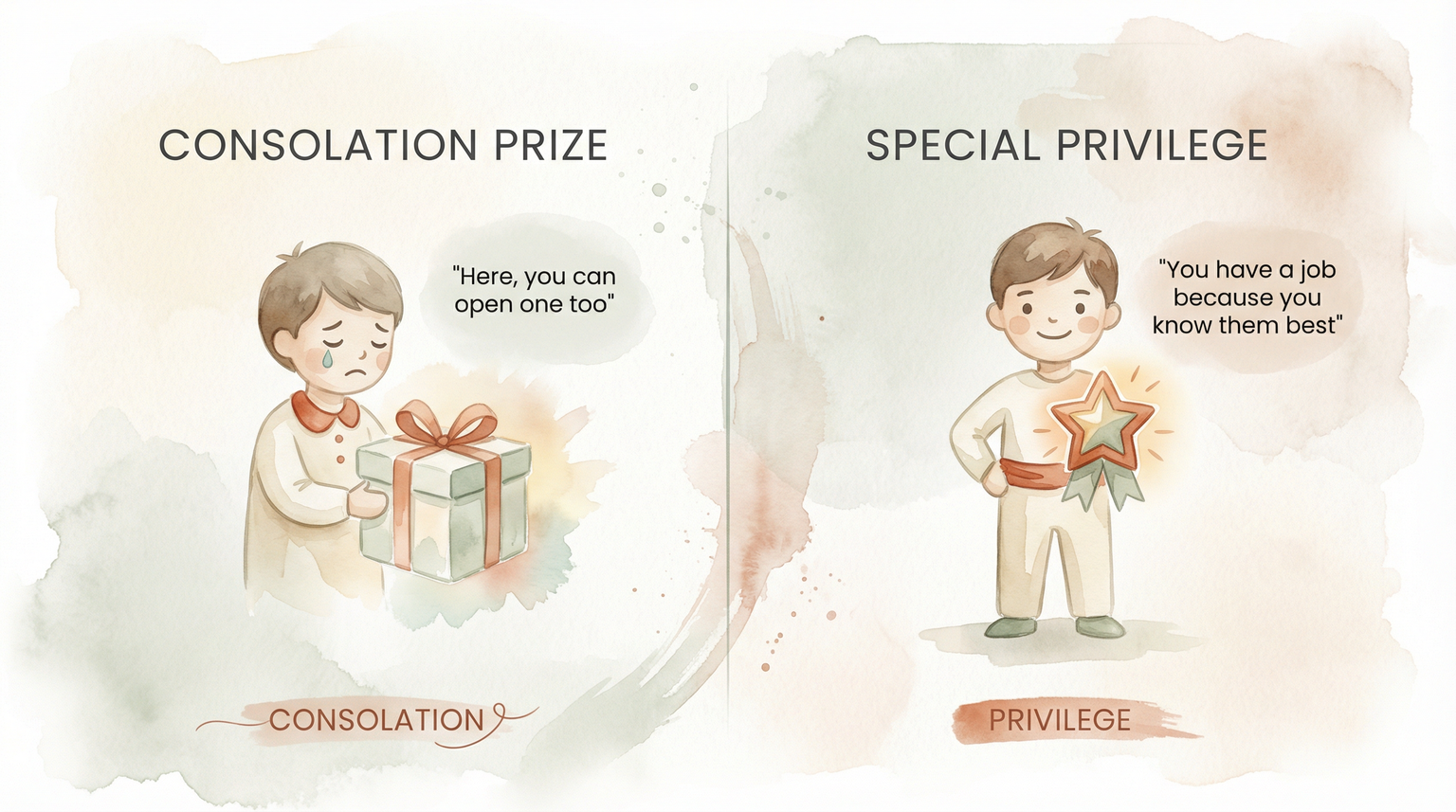 Comparison showing consolation prize approach versus special privilege framing for sibling roles