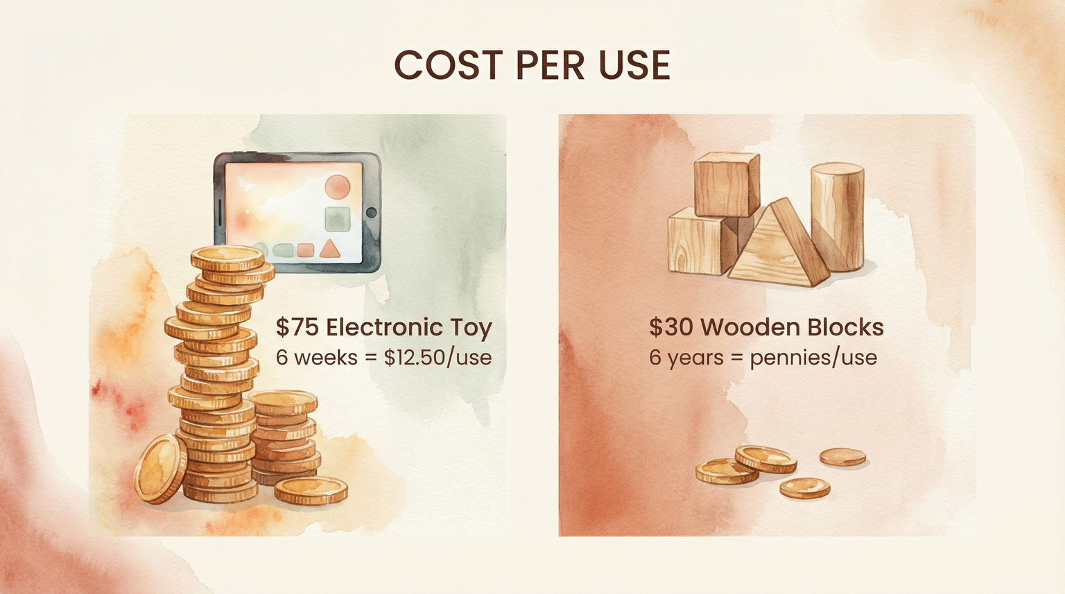 Cost comparison showing 75 dollar electronic toy at 12.50 per use versus 30 dollar wooden blocks at pennies per use