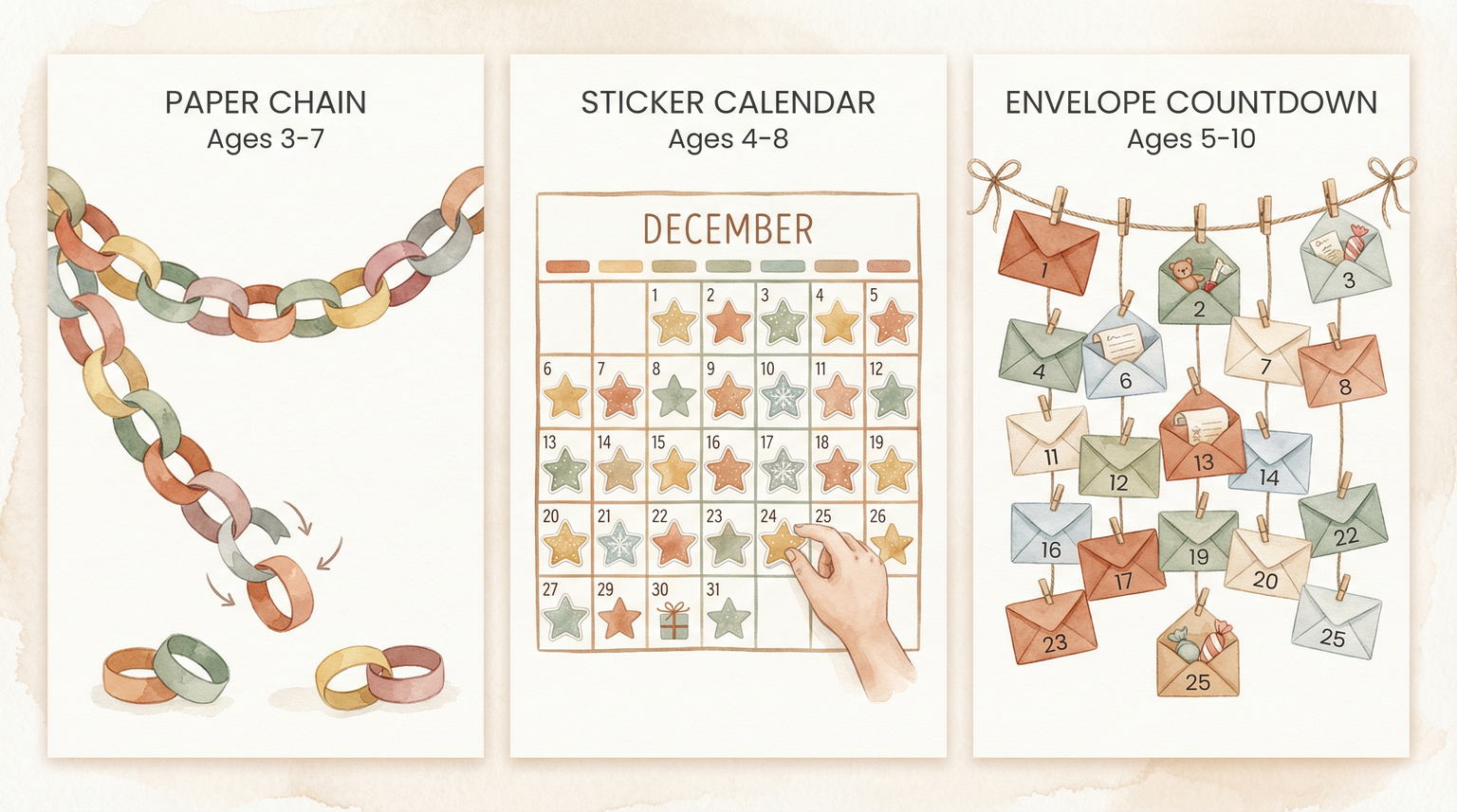 Infographic comparing three countdown methods: paper chain for ages 3-7, sticker calendar for ages 4-8, and envelope countdown for ages 5-10