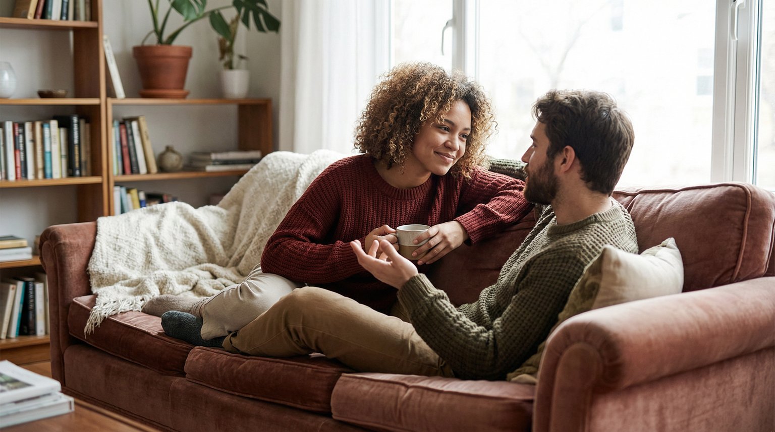 Young couple having an intimate meaningful conversation while sitting together on couch