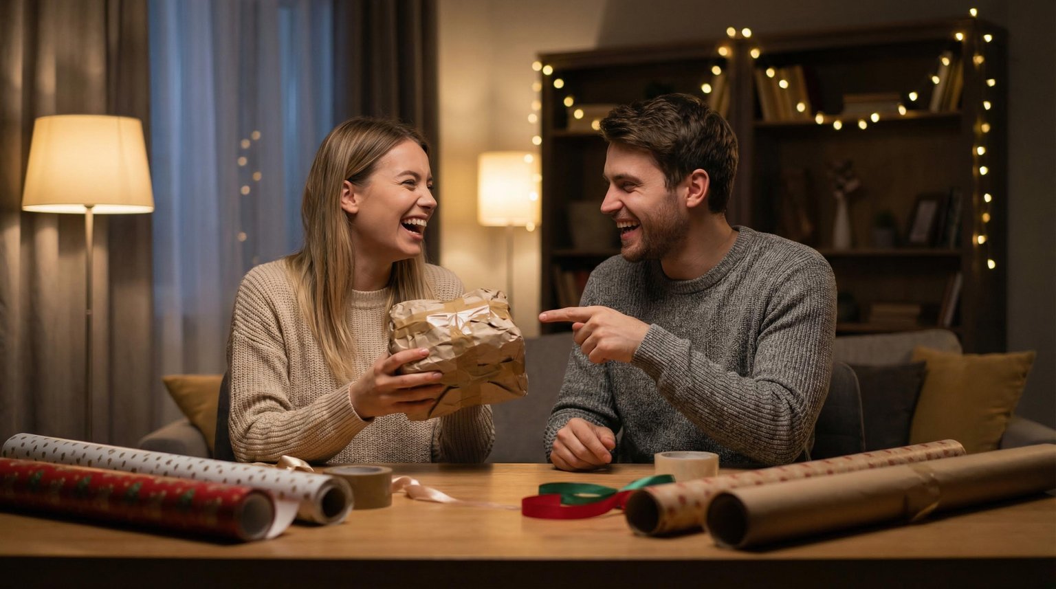 Young couple laughing together while wrapping gifts imperfectly at dining table with holiday lights