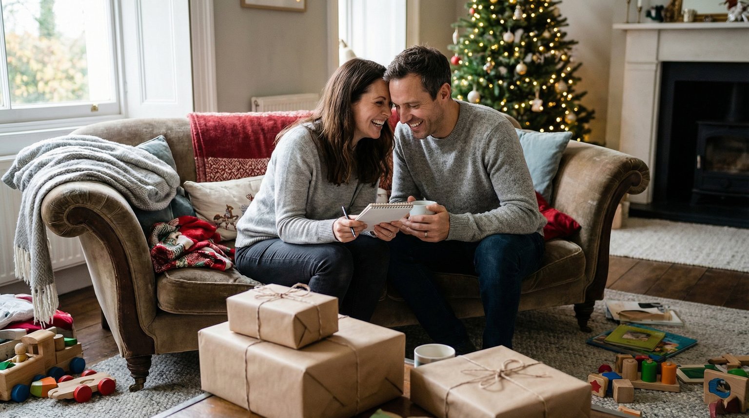 Parents sitting together on couch during holidays discussing gift planning with warm natural lighting