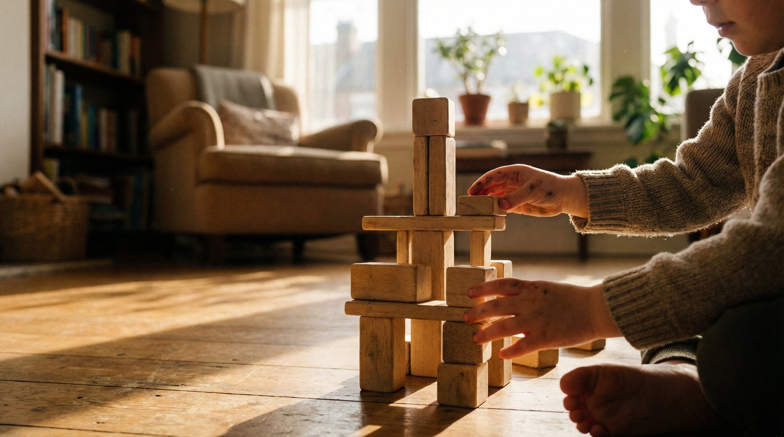 Child's hands building creatively with simple wooden blocks on sunlit floor