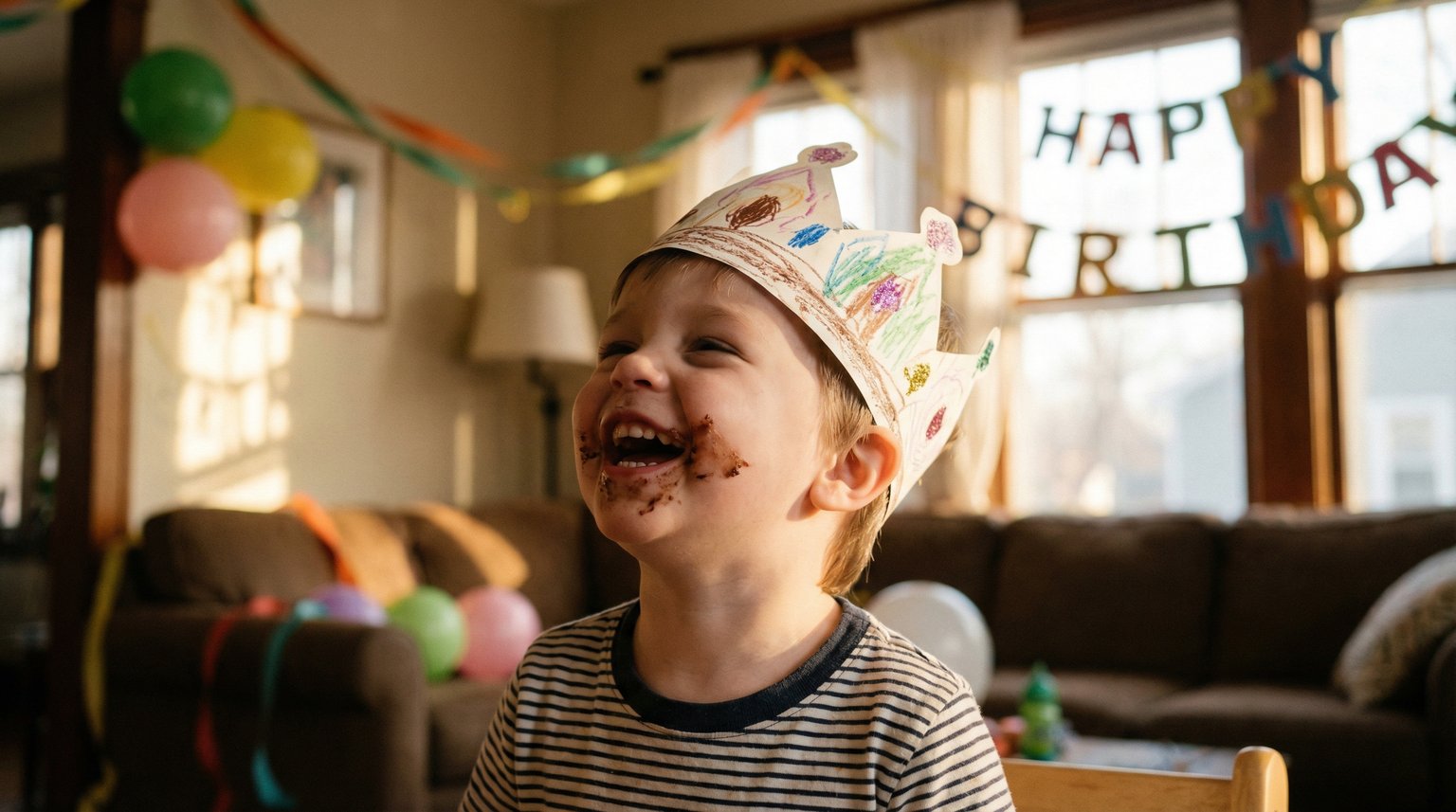 Giggling child wearing crooked homemade paper crown with cake frosting on cheek
