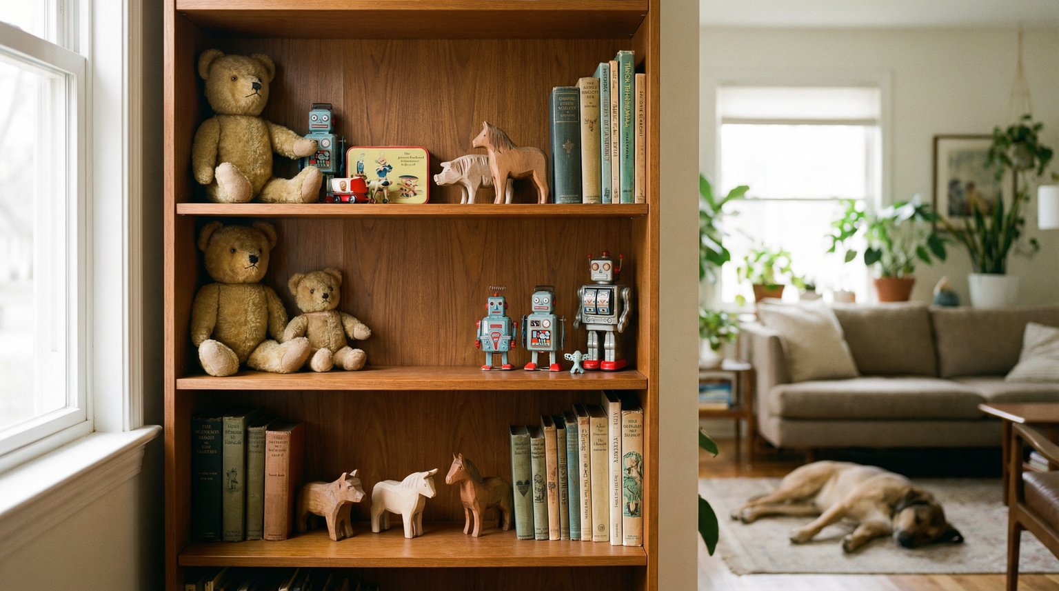 Organized curated toy collection on home shelf with warm natural lighting showing thoughtful display