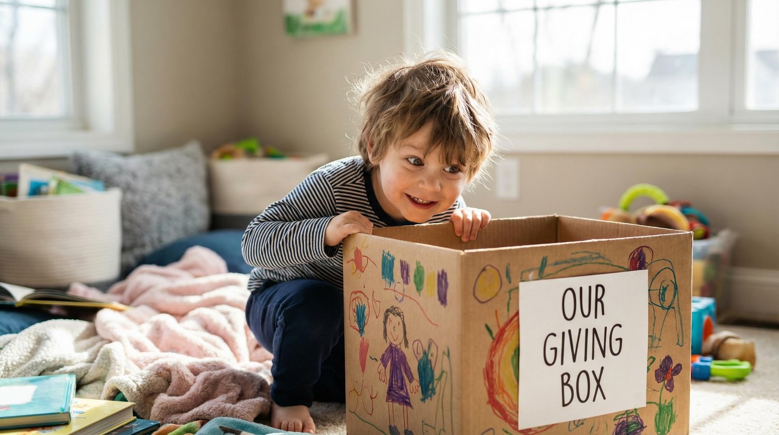 Playful four year old peeking curiously into decorated donation box with mischievous smile in bright family room