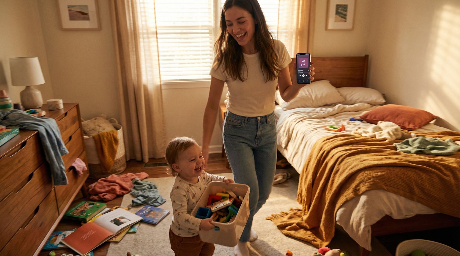Parent and child dancing joyfully together while tidying bedroom with music playing
