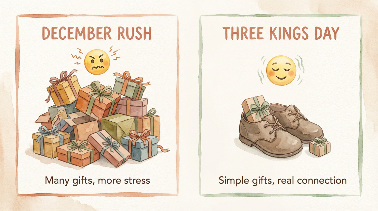 Comparison showing chaotic December gift pile versus simple Three Kings Day shoes with small gift