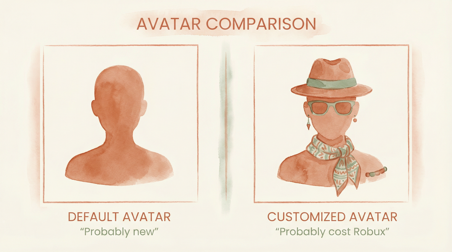 Comparison chart showing default avatar labeled probably new versus customized avatar labeled probably cost Robux