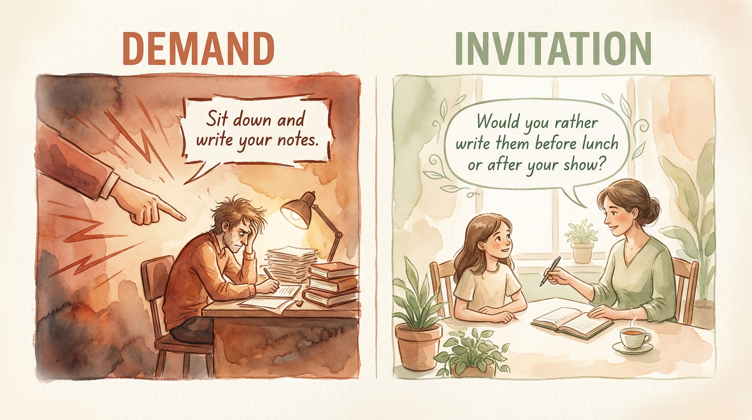 Side-by-side comparison showing demanding approach versus invitation approach for getting kids to write thank you notes