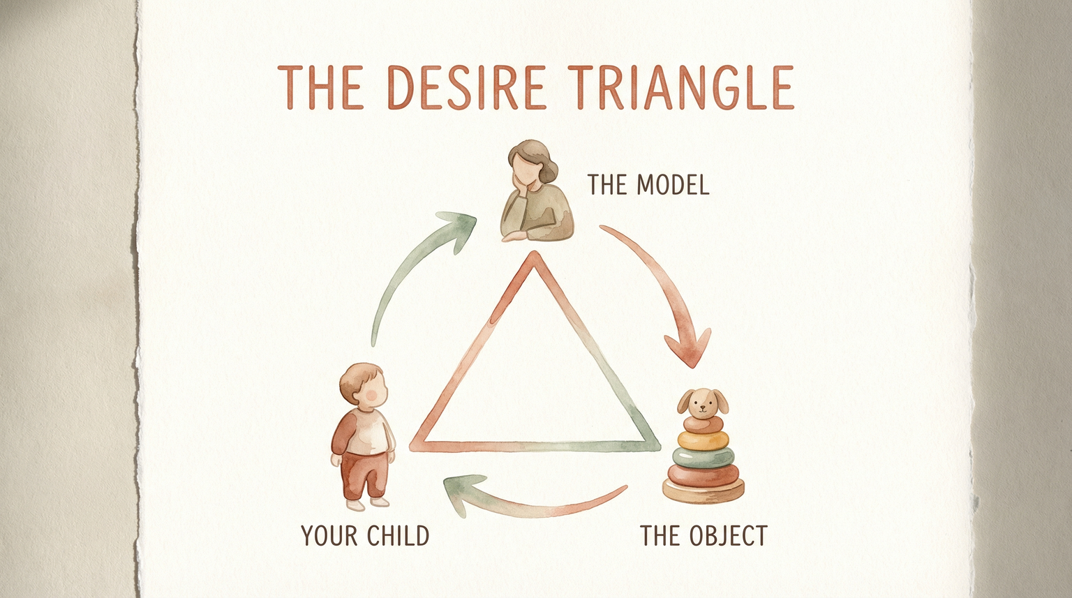 Illustrated triangle diagram showing child, model, and object connected by arrows explaining mimetic desire