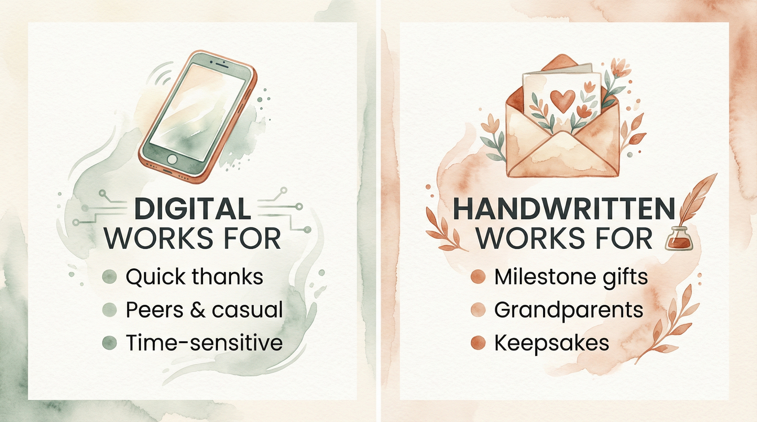 Comparison chart showing when digital thank-yous work for quick casual situations versus handwritten for milestone gifts and grandparents