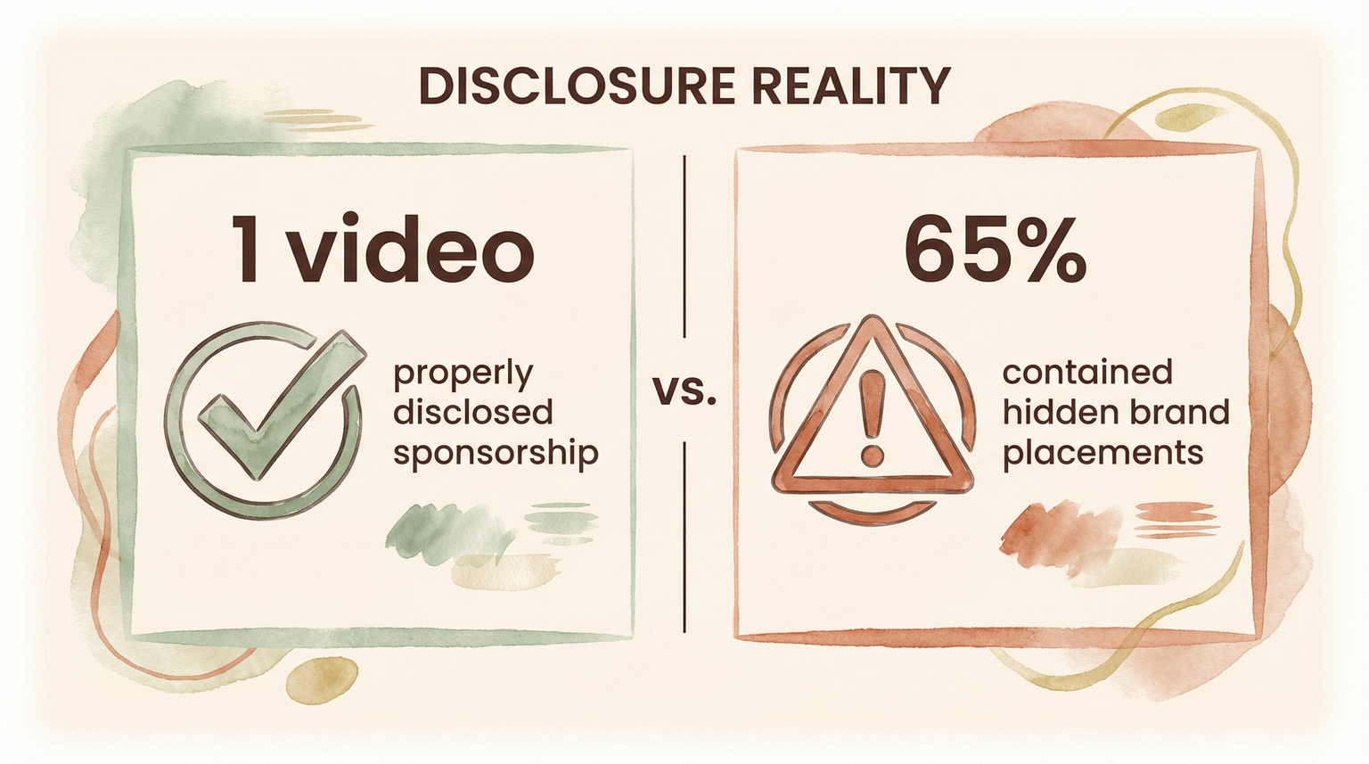 Infographic comparing 1 video with proper disclosure versus 65 percent containing hidden brand placements