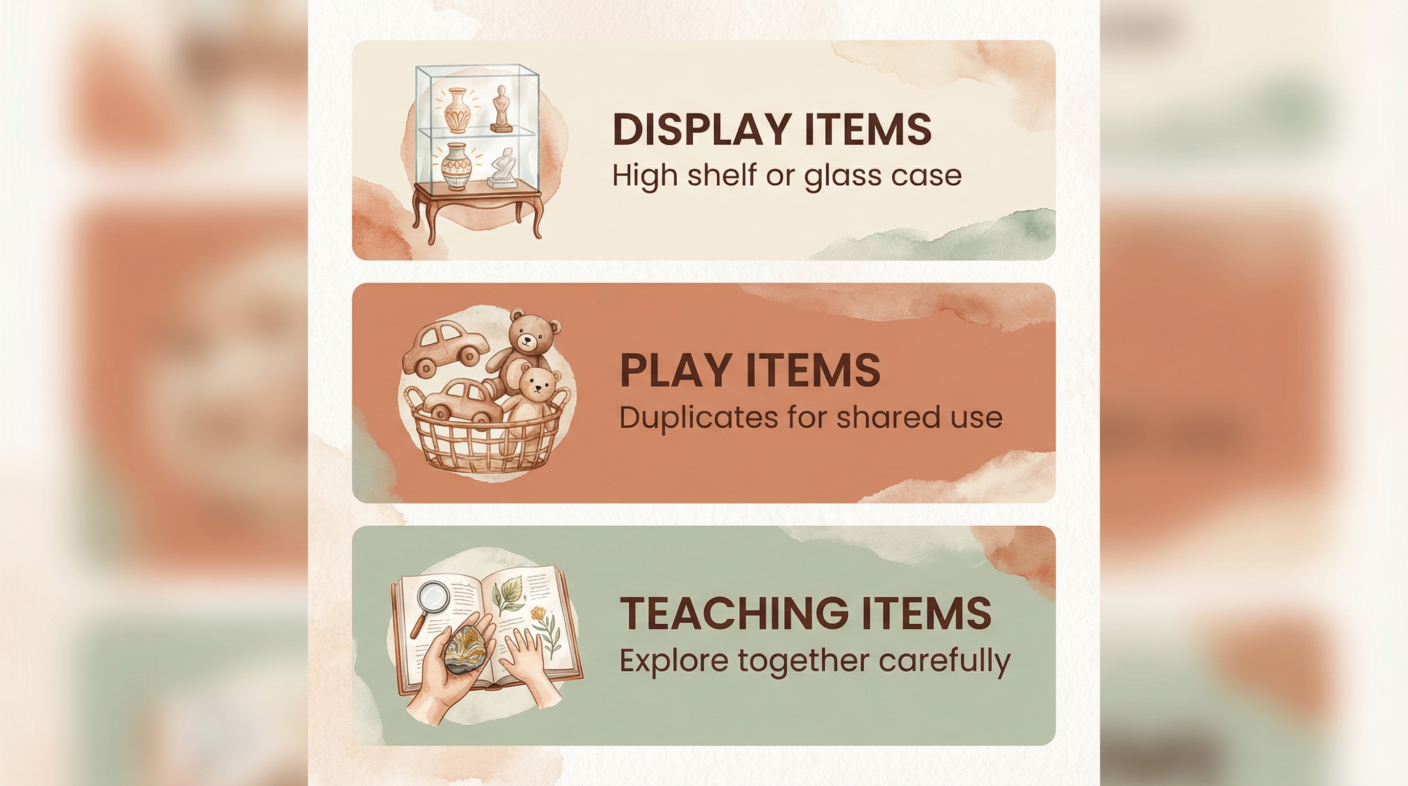 Illustrated guide showing three categories for organizing family toys including display play and teaching items
