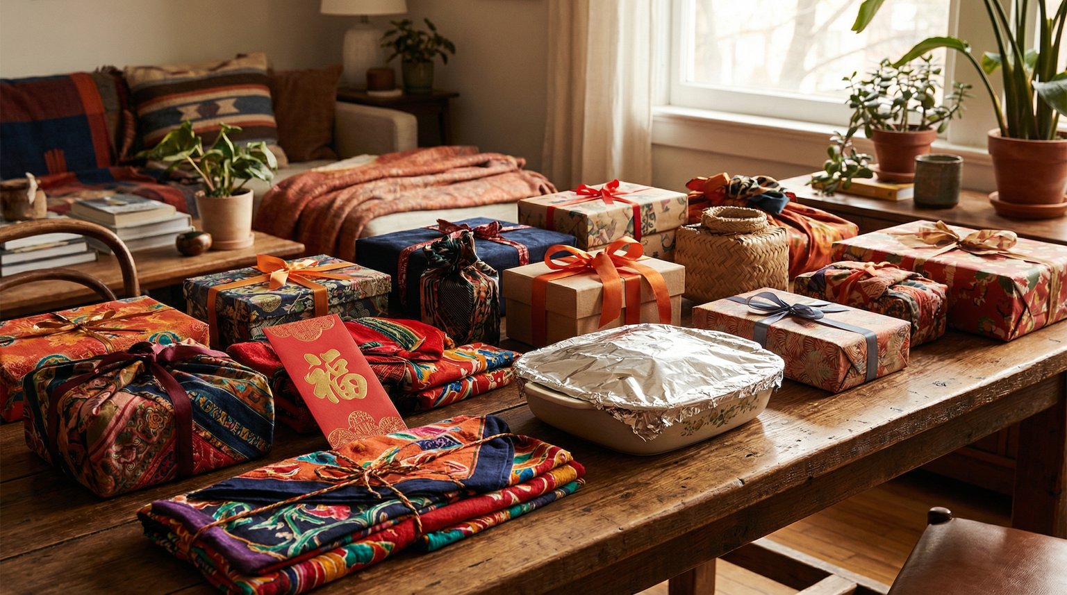 Diverse wrapped gifts from different cultural traditions including red envelope and homemade food on wooden table