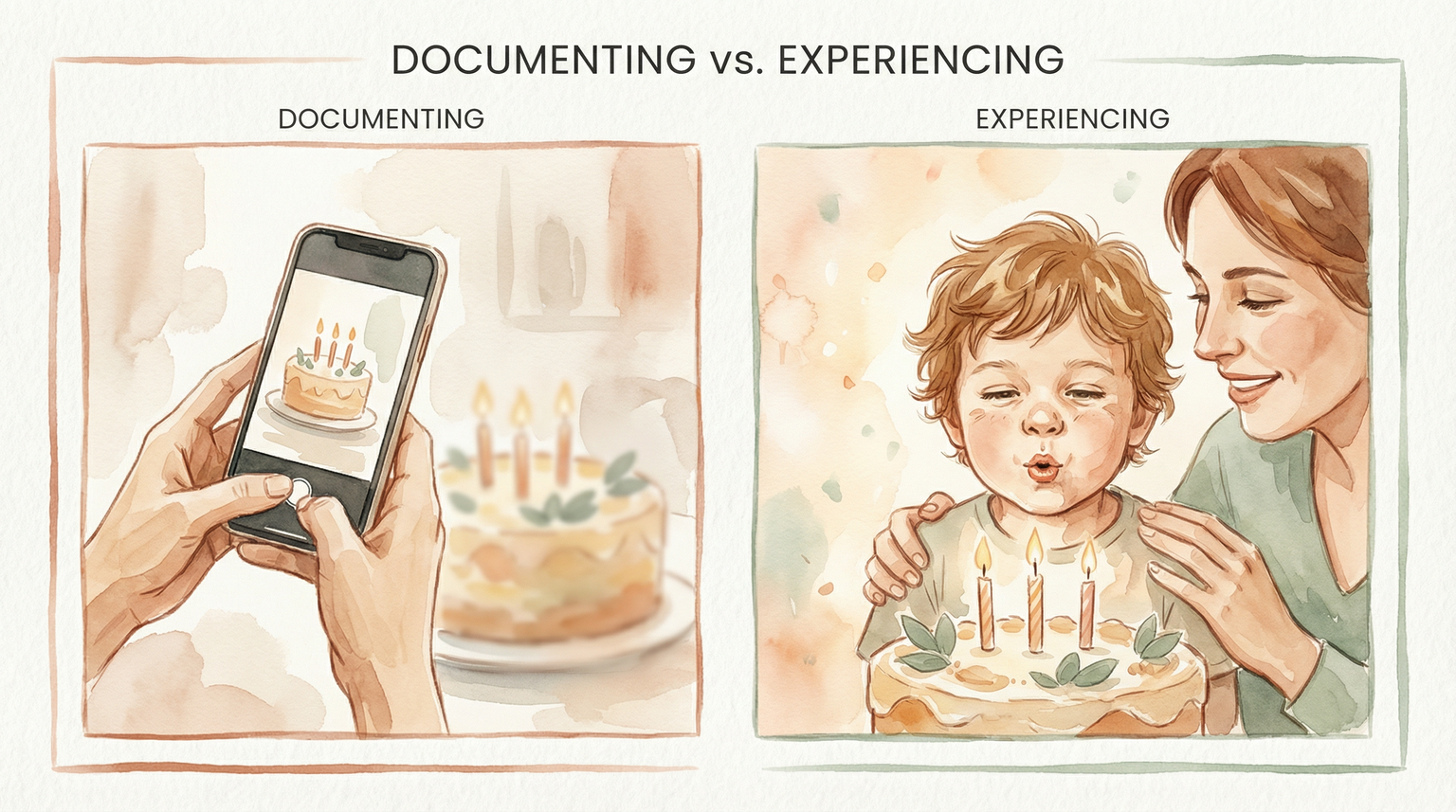Illustrated comparison of hands filming birthday cake versus child joyfully blowing out candles with present parent