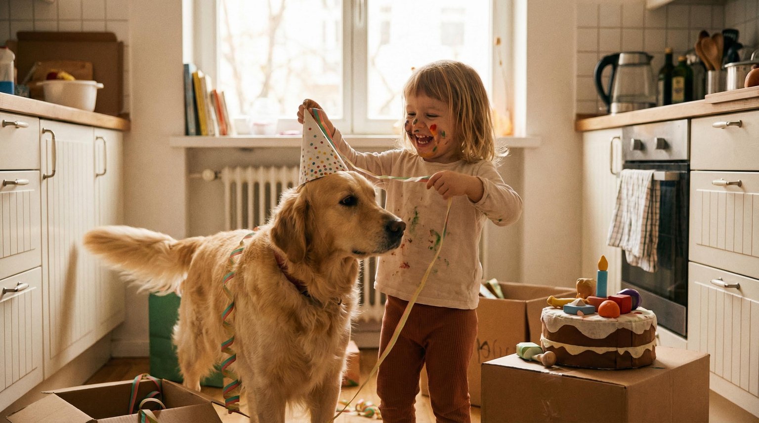 Young child laughing while decorating pretend birthday celebration for family dog wearing party hat