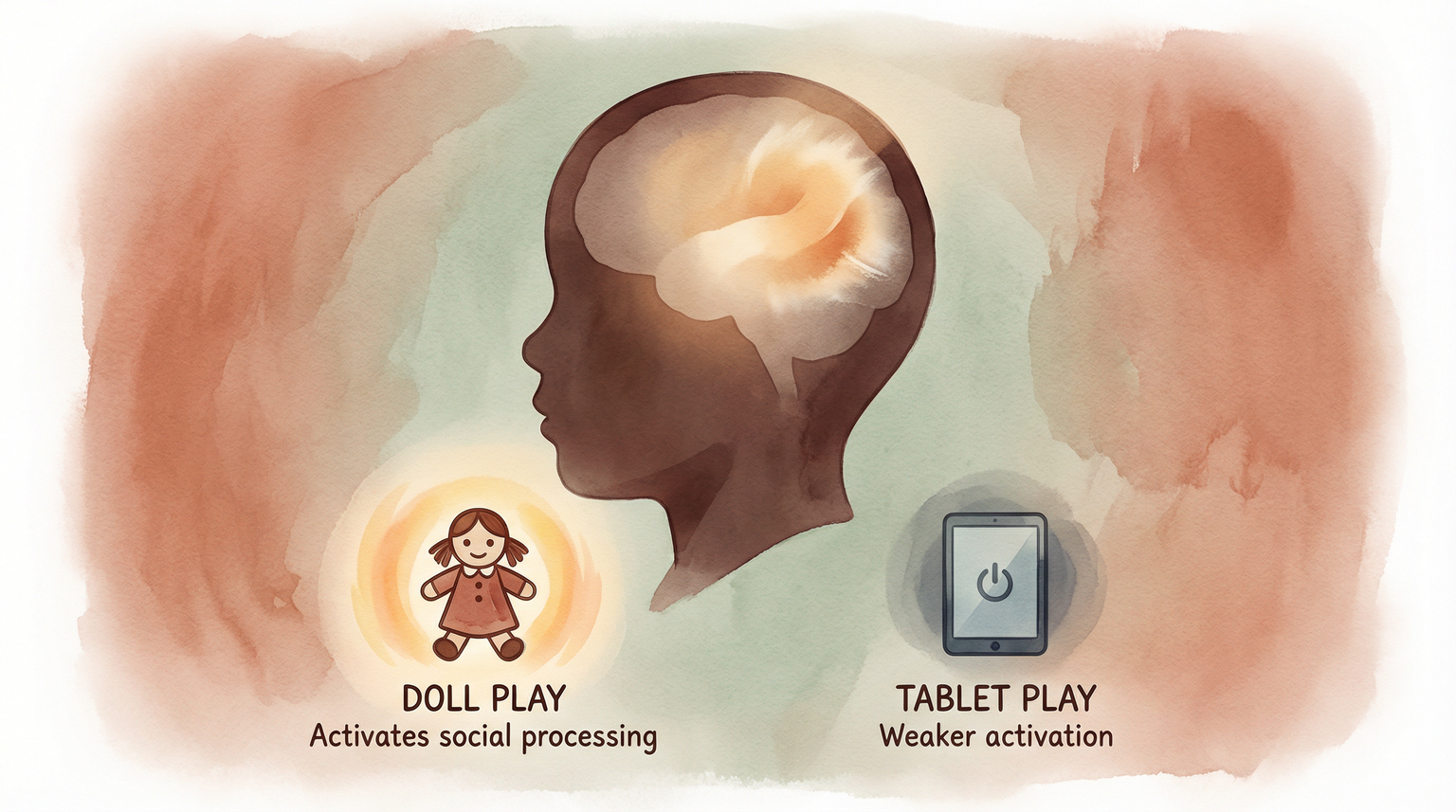 Infographic comparing brain activation during doll play versus tablet play in children