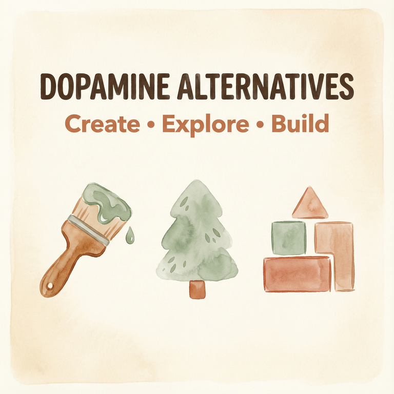 Icons showing dopamine alternatives through creating, exploring, and building activities