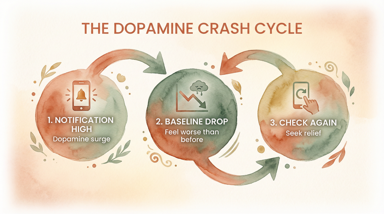 Flow diagram showing three-step dopamine crash cycle from notification high to baseline drop to checking again