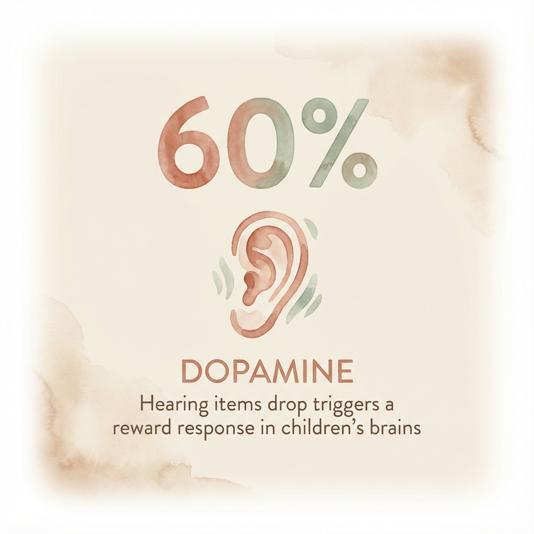 Stat showing dopamine reward triggers when children hear items drop into donation boxes