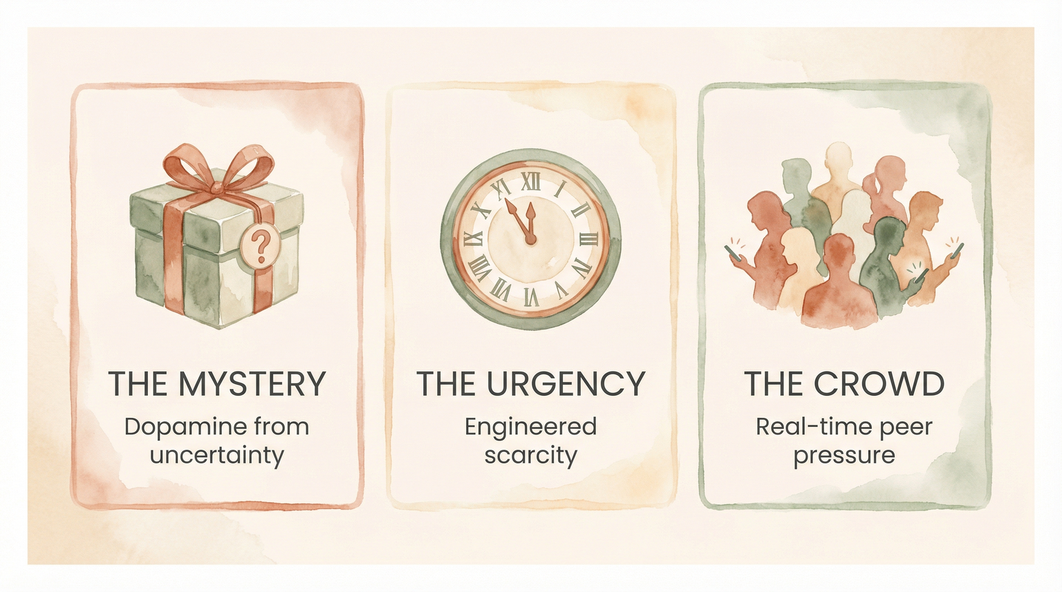Infographic showing three psychology mechanisms of streamer merchandise: mystery dopamine, engineered urgency, and crowd peer pressure