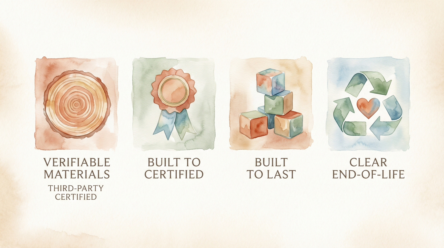 Four-panel infographic showing sustainable toy criteria: verifiable materials, third-party certified, built to last, clear end-of-life