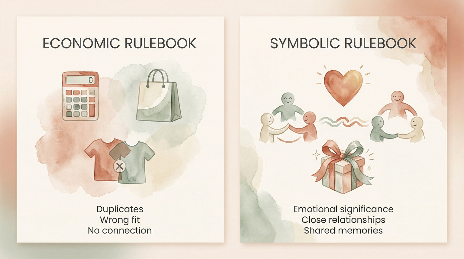 Comparison chart showing Economic Rulebook factors like duplicates and wrong fit versus Symbolic Rulebook factors like emotional significance and close relationships