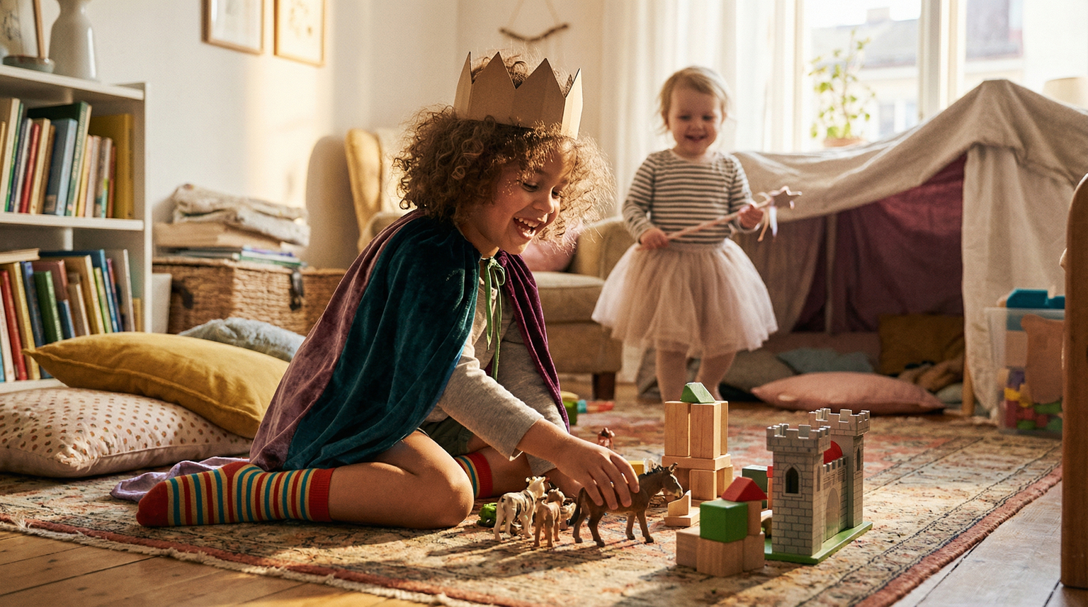 Four year old in dress-up costume orchestrating elaborate pretend play scene with toys