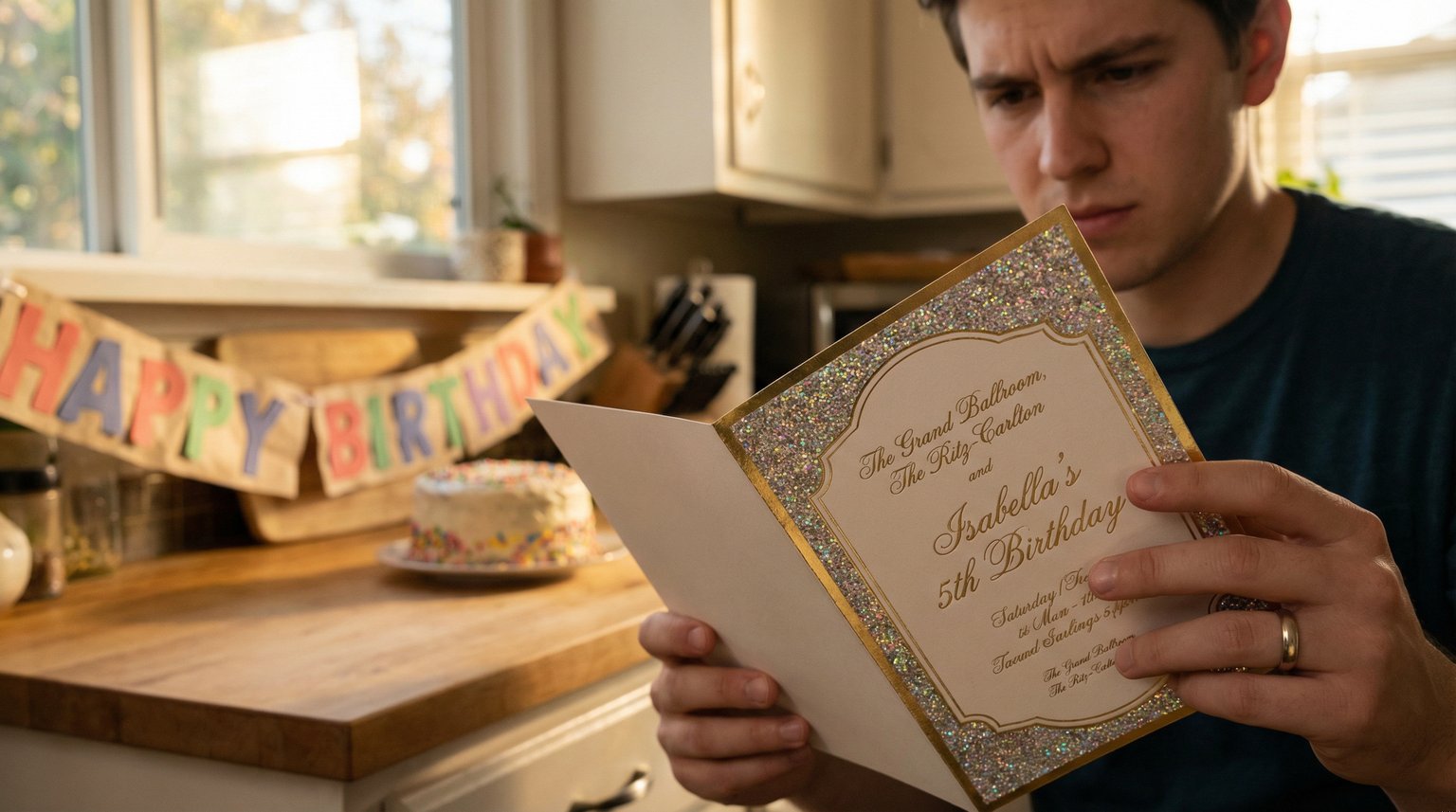Parent's hands holding glittery professional party invitation with simple homemade decorations visible in background