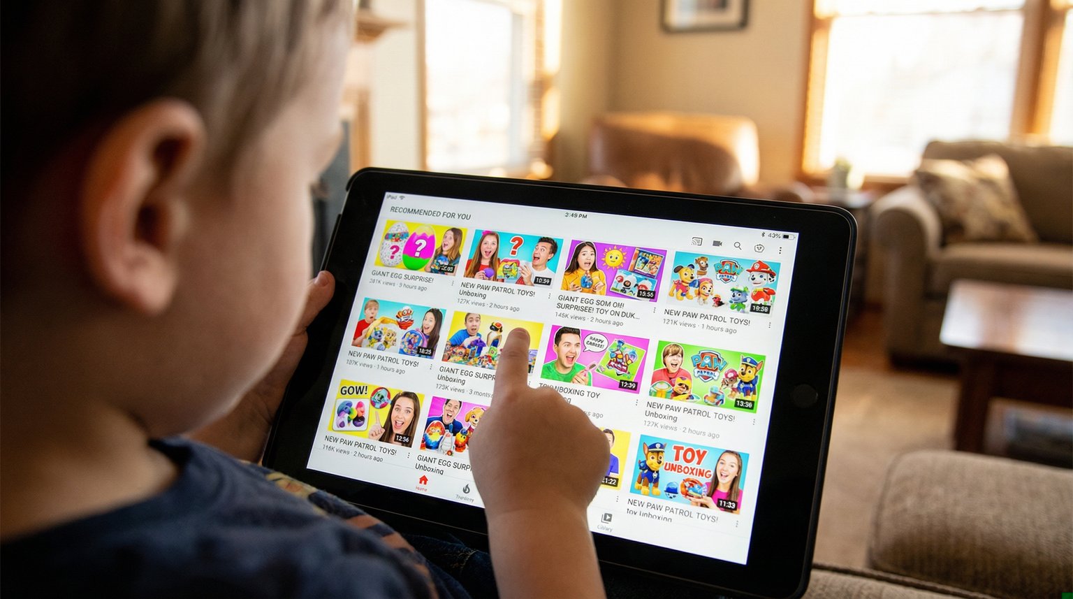 Over-the-shoulder view of child's tablet showing grid of colorful toy video thumbnails filling entire recommendations feed