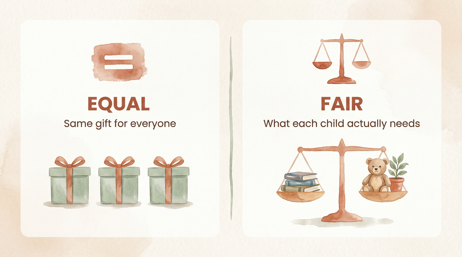 Comparison chart showing difference between equal gifts and fair gifts for blended families