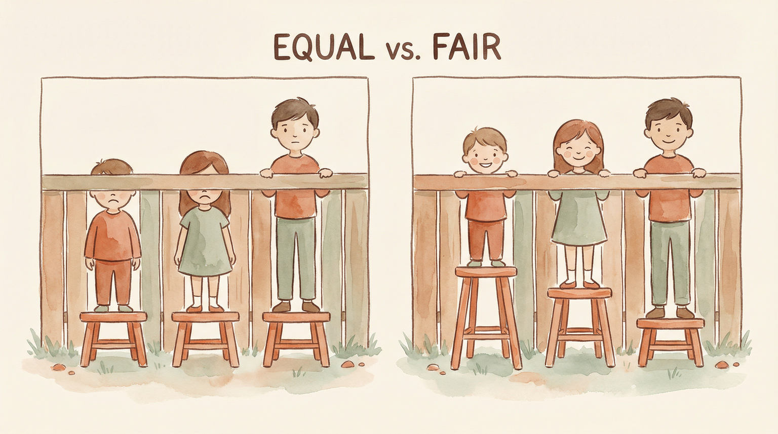 Side-by-side illustration showing equal same-height stools versus fair different-height stools helping all children see over fence