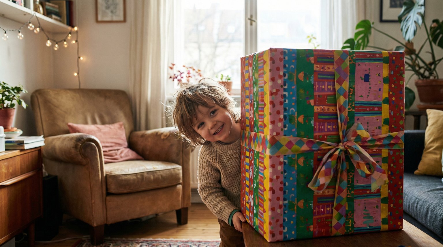 Young child peeking out from behind large wrapped gift box with excited mischievous expression