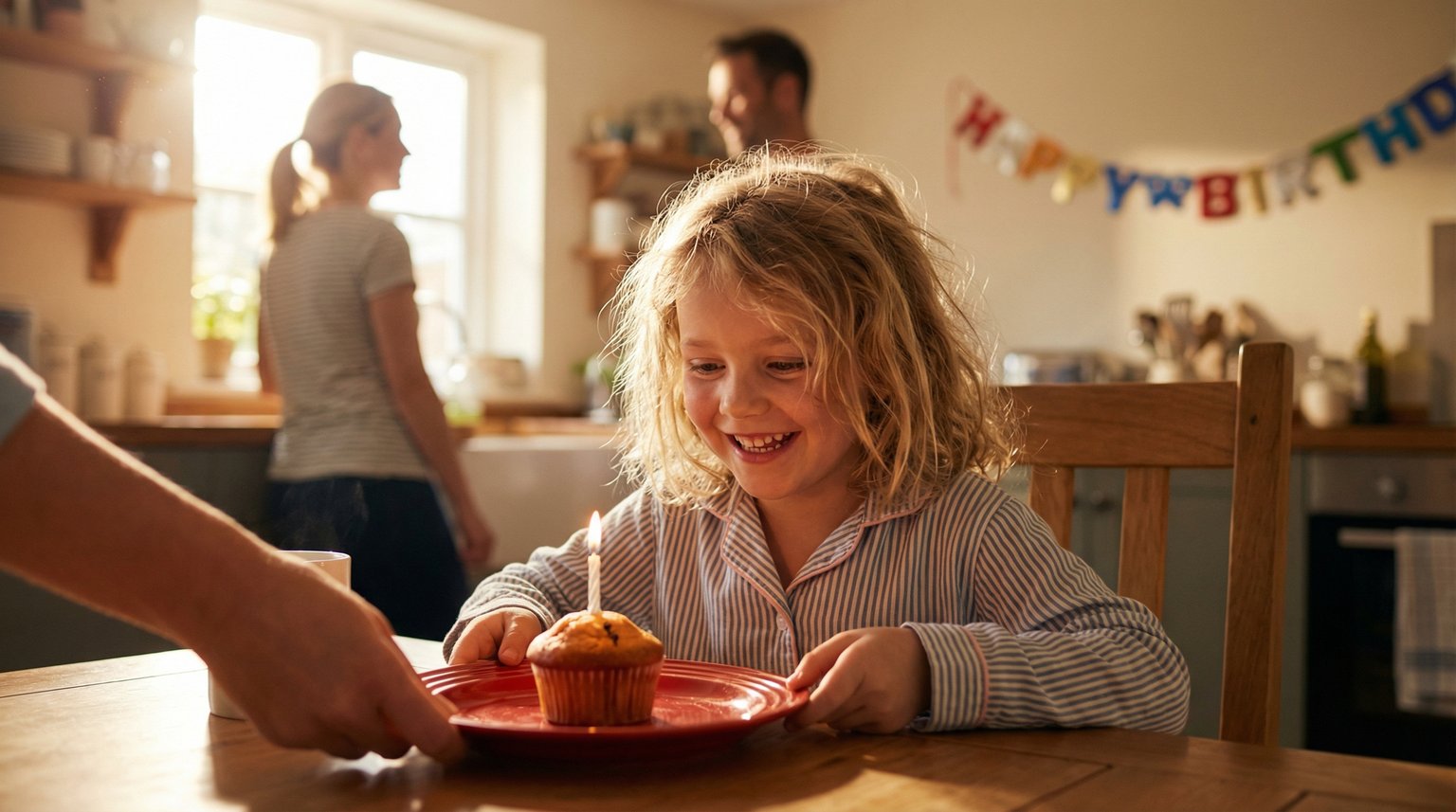 Six year old girl in pajamas with messy morning hair looking excitedly at red birthday plate at breakfast table