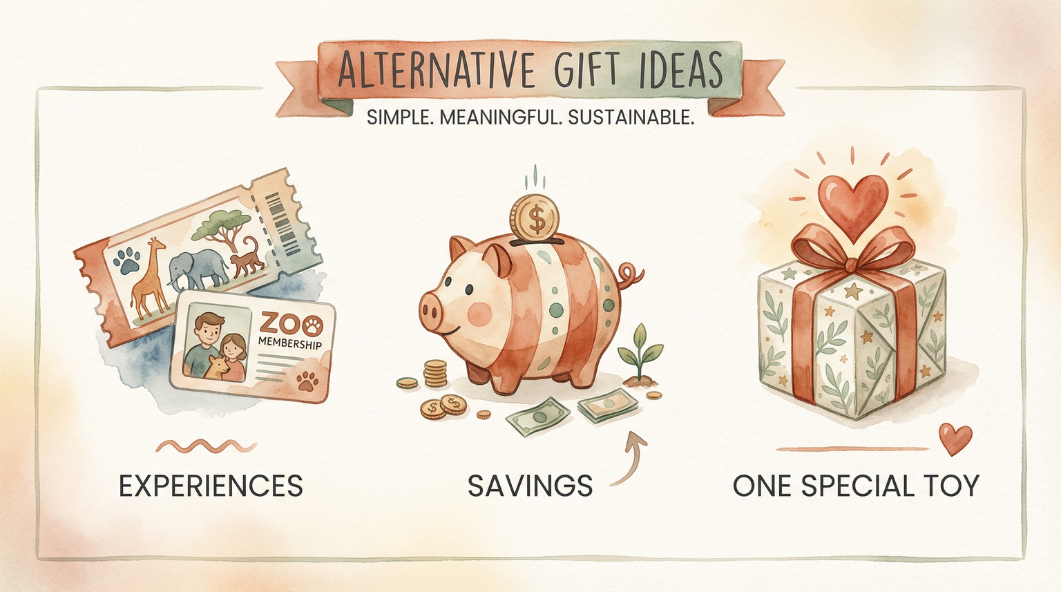 Three illustrated gift alternatives showing experiences, savings contributions, and one special toy