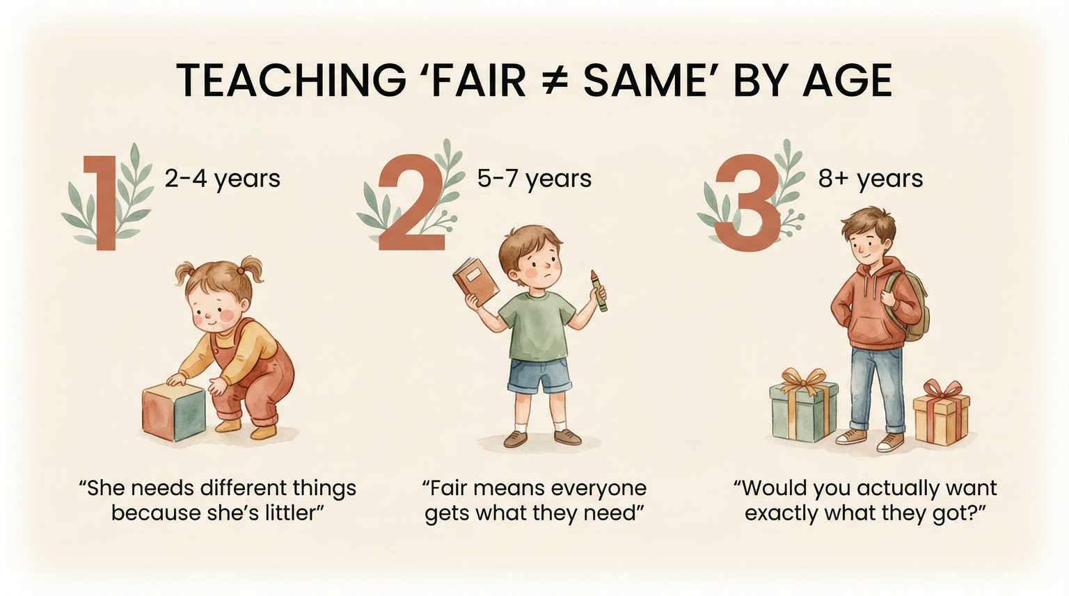 Step diagram showing how to teach fair versus same concept by age from 2-4 years through 8 plus