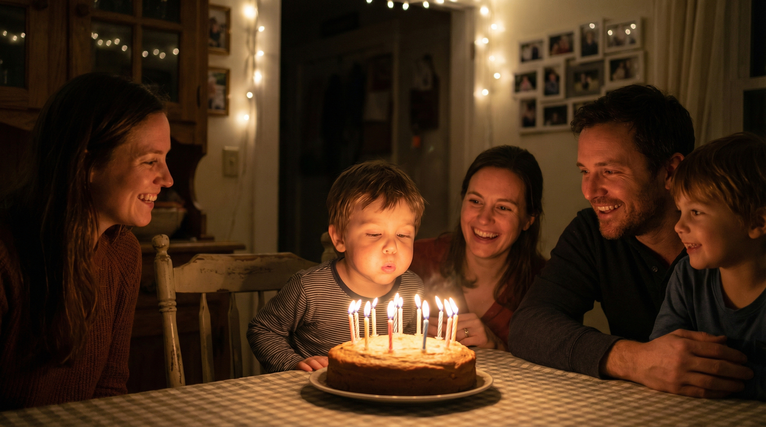 Child blowing out birthday candles surrounded by smiling family members in warm candlelight