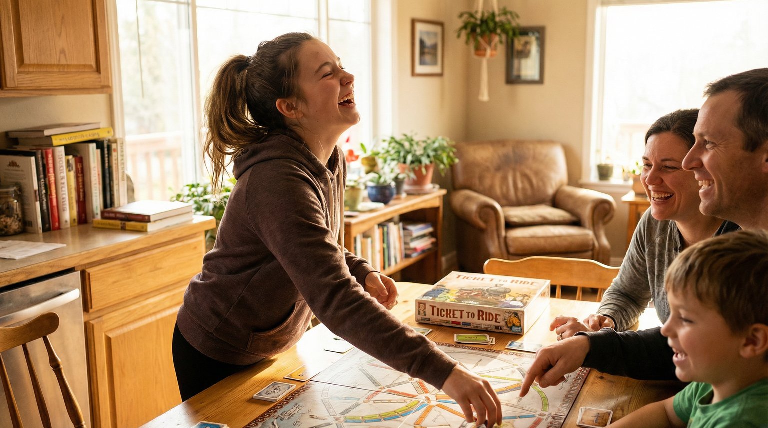 Young teen laughing while playing board game with family members phone nowhere in sight