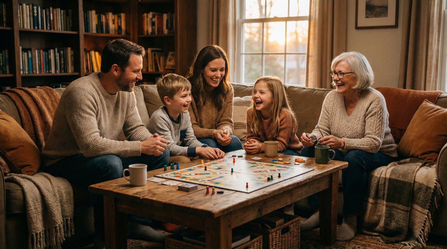 Multi-generational family laughing and engaged while playing board game together in cozy living room
